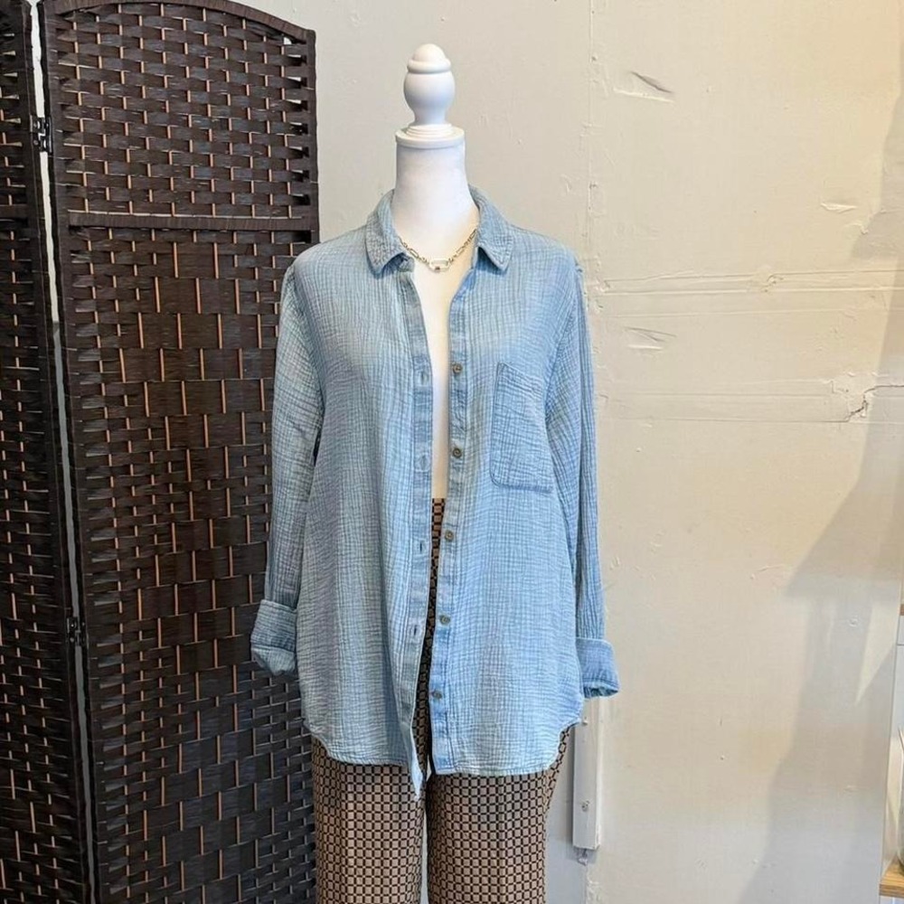 Women's Beach Lunch Lounge 100% Cotton Sky Blue Button up Shirt Size LG